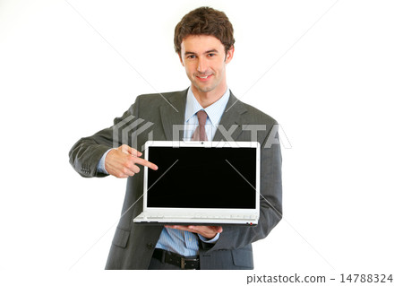 Modern businessman pointing on laptops blank screen 14788324