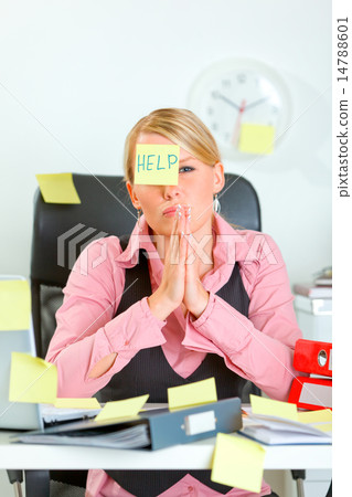 Begging for help modern female manager sitting at workplace cove 14788601