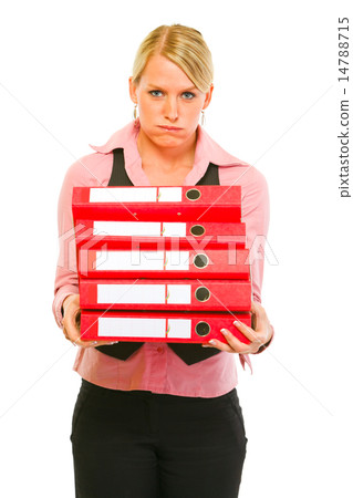 Tired of work modern female manager with pile of folders Tired of work modern female manager with pile of folders 14788715