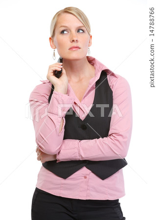 Thoughtful woman holding mobile phone 14788766
