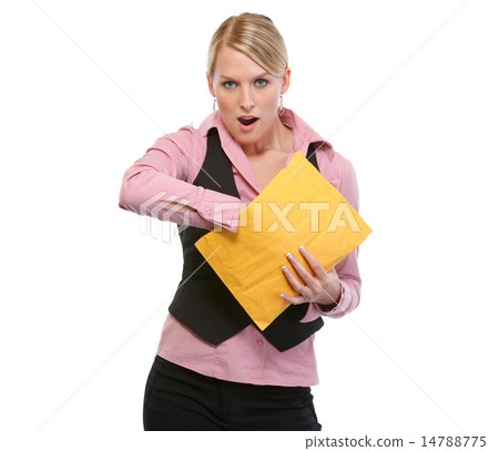Surprised woman opening package 14788775