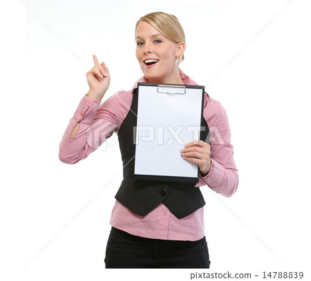 Woman employee showing blank clipboard 14788839