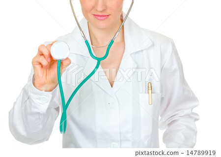 Medical doctor holding up stethoscope. Close-up.. 14789919