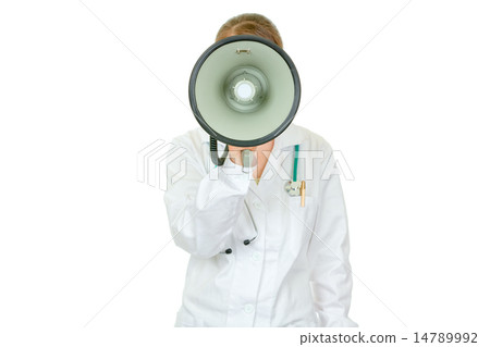 Medical doctor woman standing in front of camera and speaking into megaphone. 14789992