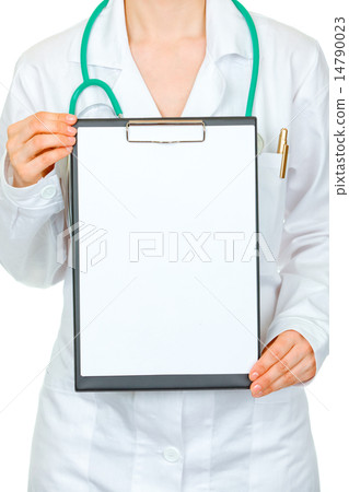 Medical female doctor holding blank clipboard in hands. Close-up.. 14790023