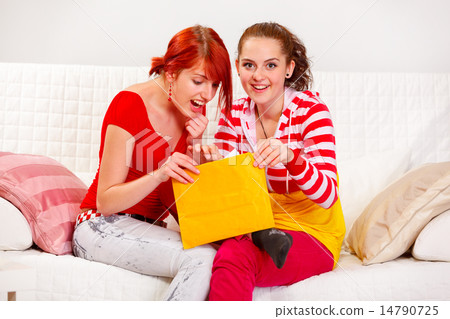 Cheerful girlfriends open letter while sitting on sofa 14790725