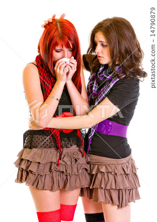 Attentive young girl calming her sad girlfriend. Attentive young girl calming her sad girlfriend. 14790879