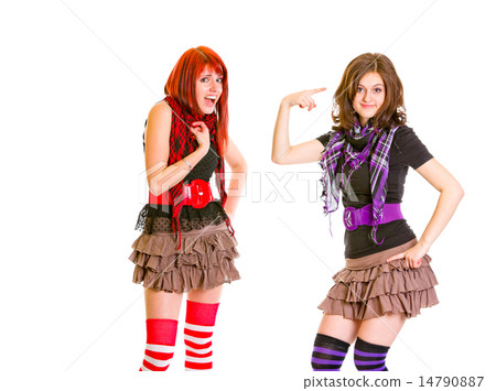 Indignant girl with hand on chest and her girlfriend showing crazy gesture. 14790887