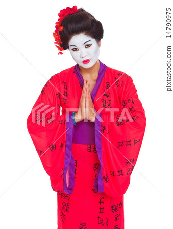 Portrait of geisha with hands together respect gesture isolated Portrait of geisha with hands together respect gesture isolated 14790975