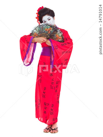 Full length portrait of geisha hiding behind fans isolated on wh 14791014