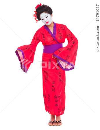 Full length portrait of geisha inviting isolated on white 14791037