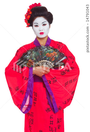 Portrait of geisha with fans isolated on white 14791043