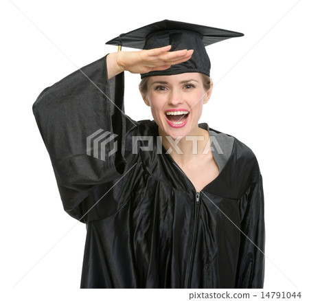 Graduation woman with hand near forehead looking into camera iso Graduation woman with hand near forehead looking into camera iso 14791044
