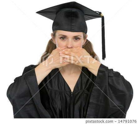 Graduation student girl making speak no evil gesture Graduation student girl making speak no evil gesture 14791076