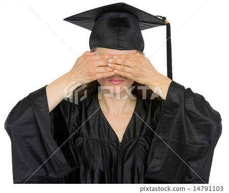 Graduation student girl making see no evil gesture Graduation student girl making see no evil gesture 14791103