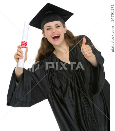 Happy graduation student girl with diploma showing thumbs up Happy graduation student girl with diploma showing thumbs up 14791171