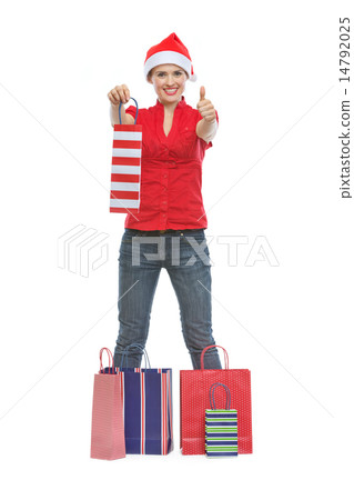 Happy young woman in Christmas hat standing among shopping bags Happy young woman in Christmas hat standing among shopping bags 14792025