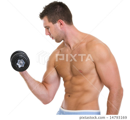 Strong male athlete raising dumbbell Strong male athlete raising dumbbell 14793169
