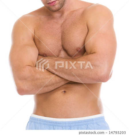 Closeup on male athlete showing muscles of torso and biceps Closeup on male athlete showing muscles of torso and biceps 14793203
