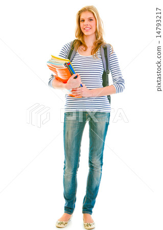 Full length portrait of smiling pretty teen with backpack and sc 14793217