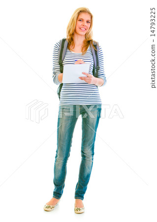 Full length portrait of smiling teengirl with schoolbag writing 14793225