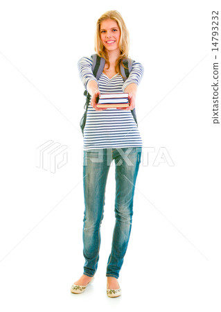 Full length portrait of smiling teen girl with schoolbag giving Full length portrait of smiling teen girl with schoolbag giving 14793232