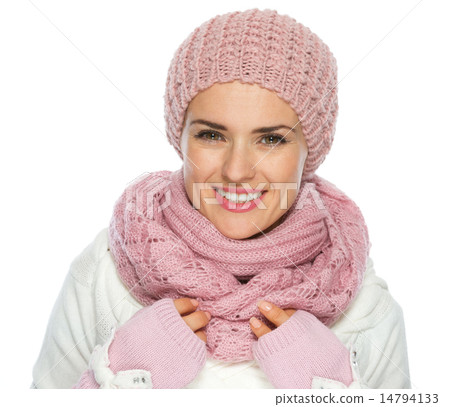 Portrait of happy woman in knit scarf, hat and mittens Portrait of happy woman in knit scarf, hat and mittens 14794133
