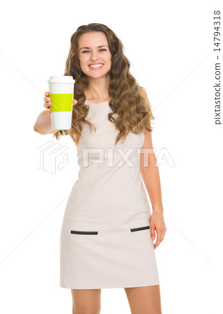 Smiling young woman giving coffee cup 14794318