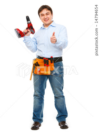 Full length portrait of construction worker with drill showing t Full length portrait of construction worker with drill showing t 14794654