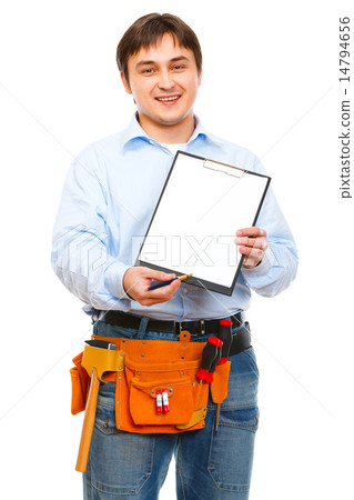 Construction worker giving clipboard and pen for signing Construction worker giving clipboard and pen for signing 14794656