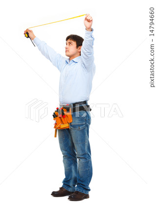 Full length portrait of construction worker measuring with ruler Full length portrait of construction worker measuring with ruler 14794660