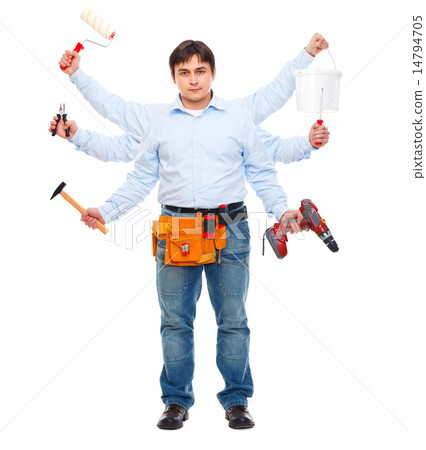 Construction worker with six hands. Do-all man concept 14794705