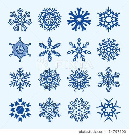 Sixteen vector snowflakes isolated on blue 14797300