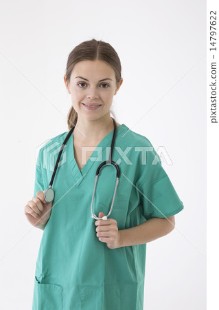 Portrait of healthcare worker wearing uniform and stethoscope. 14797622