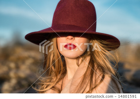 Portrait of elegant beautiful woman with red lips  14801591