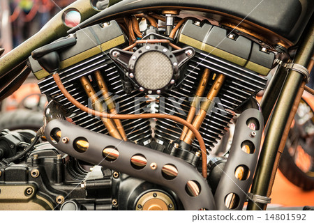 Close up view of a custom motorcycle engine 14801592