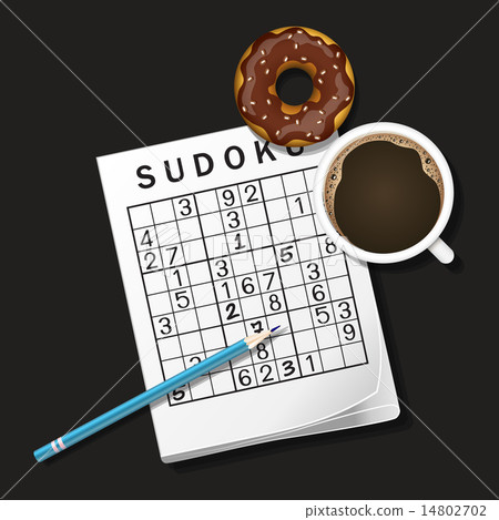 Sudoku game, mug of coffee and chocolate donut 14802702