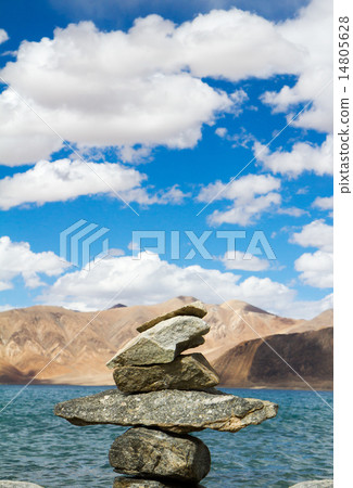 Pangong Tso mountain lake and buddhist symbols Pangong Tso mountain lake and buddhist symbols 14805628
