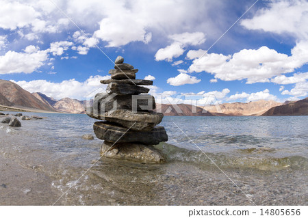Pangong Tso mountain lake and buddhist symbols 14805656
