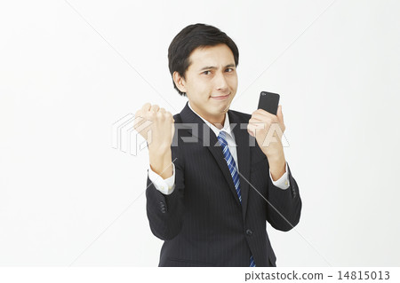 擺在與與智能手機的膽量的商人 14815013