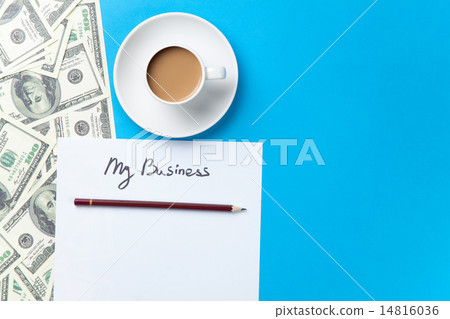 Cup of coffee and paper with inscription 14816036
