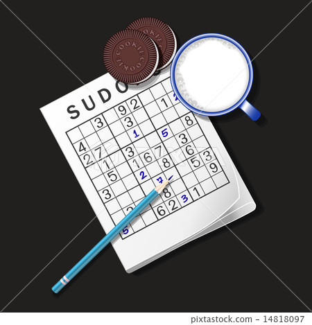 Sudoku game, mug of milk and chocolate cookies 14818097