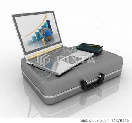 Silvery laptop and notepad with pen on black case 14820116