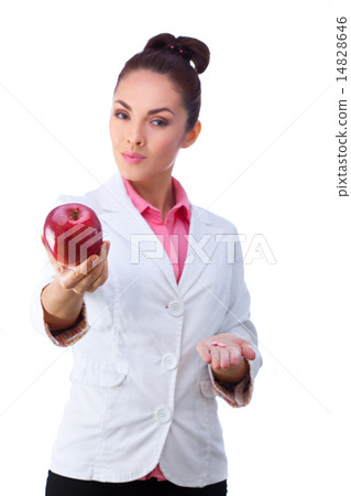 Pharmacy. Pills or apple, two sources of vitamins. All isolated on white background. 14828646