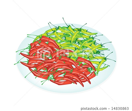 Red and Green Chili Peppers in White Plate Red and Green Chili Peppers in White Plate 14830863