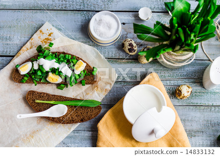 bread with wild garlic, sour cream and quail eggs bread with wild garlic, sour cream and quail eggs 14833132