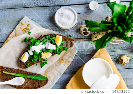 bread with wild garlic, sour cream and quail eggs bread with wild garlic, sour cream and quail eggs 14833133