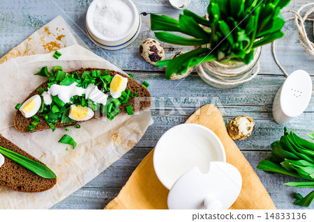 bread with wild garlic, sour cream and quail eggs bread with wild garlic, sour cream and quail eggs 14833136