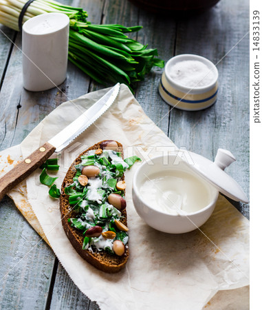 bread with wild garlic, sour cream and quail eggs bread with wild garlic, sour cream and quail eggs 14833139