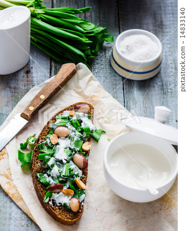 bread with wild garlic, sour cream and quail eggs bread with wild garlic, sour cream and quail eggs 14833140